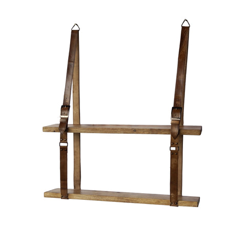 Træhylder m. bred rå læderrem